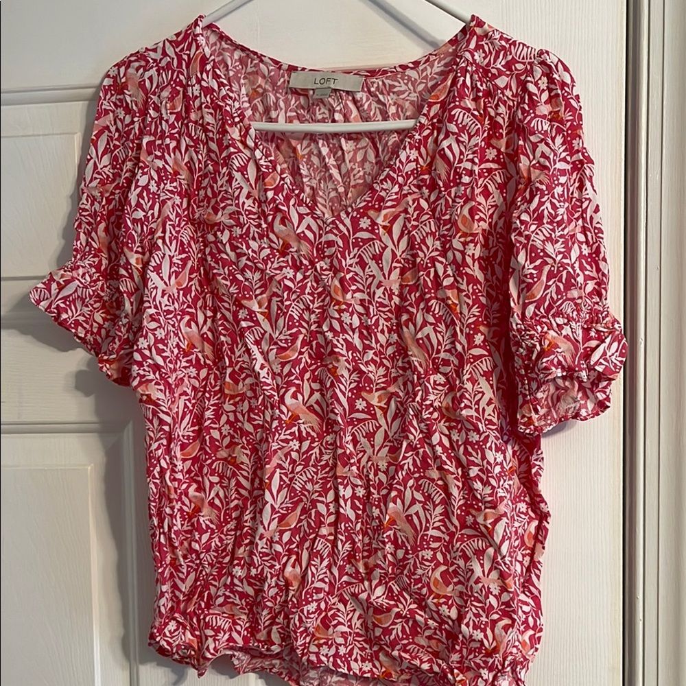 LOFT White and Pink Flutter Sleeve Blouse with Ruched Details